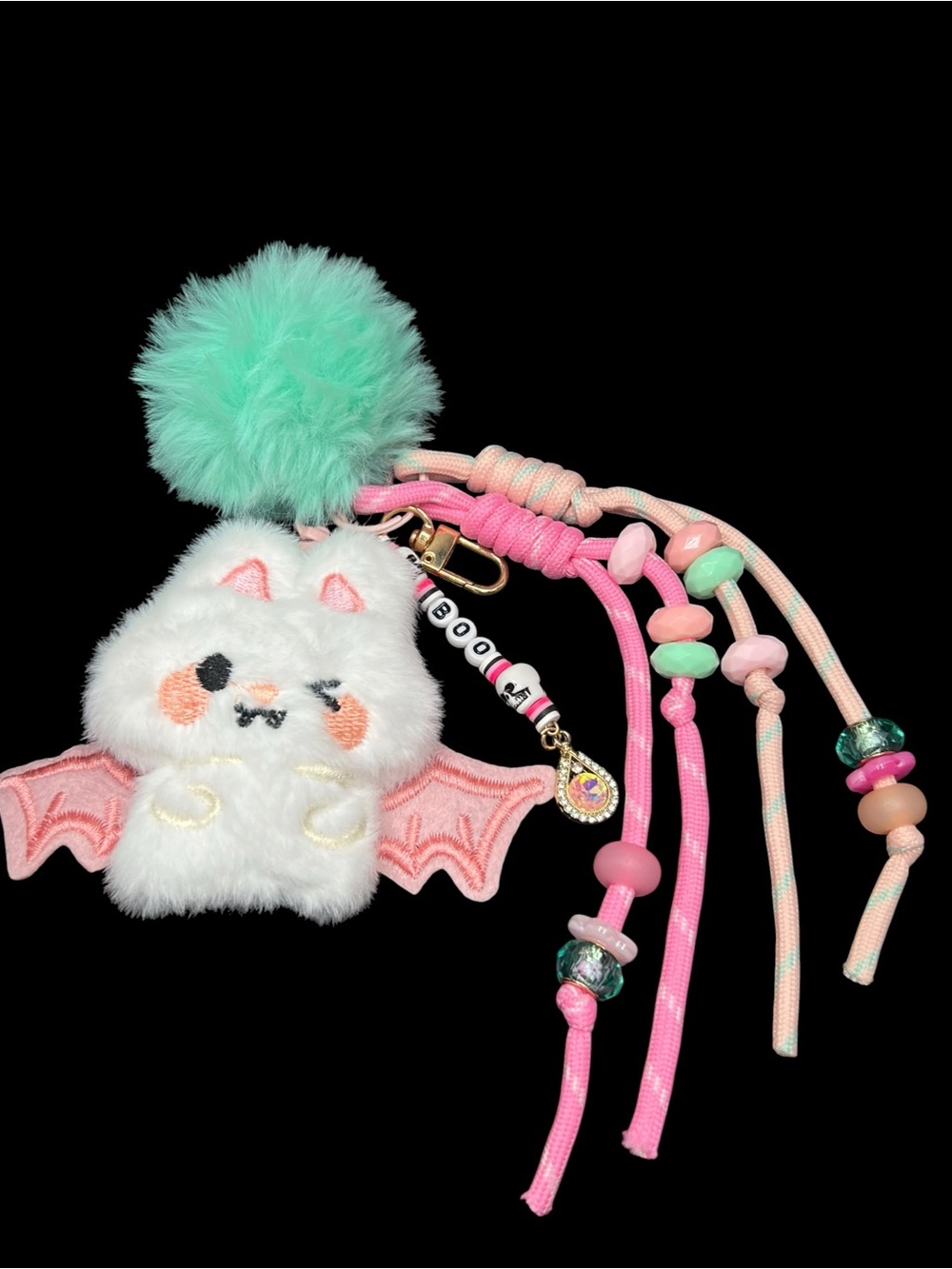 💗NWT Handmade White Cat Bat Plush Keychain Pastel Halloween Charm🩵